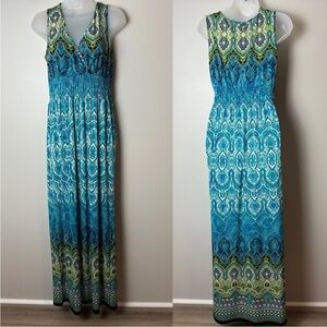 Mlle Gabrielle Maxi Dress Size Medium Sleeveless V-Neck Stretch Blue Black Green